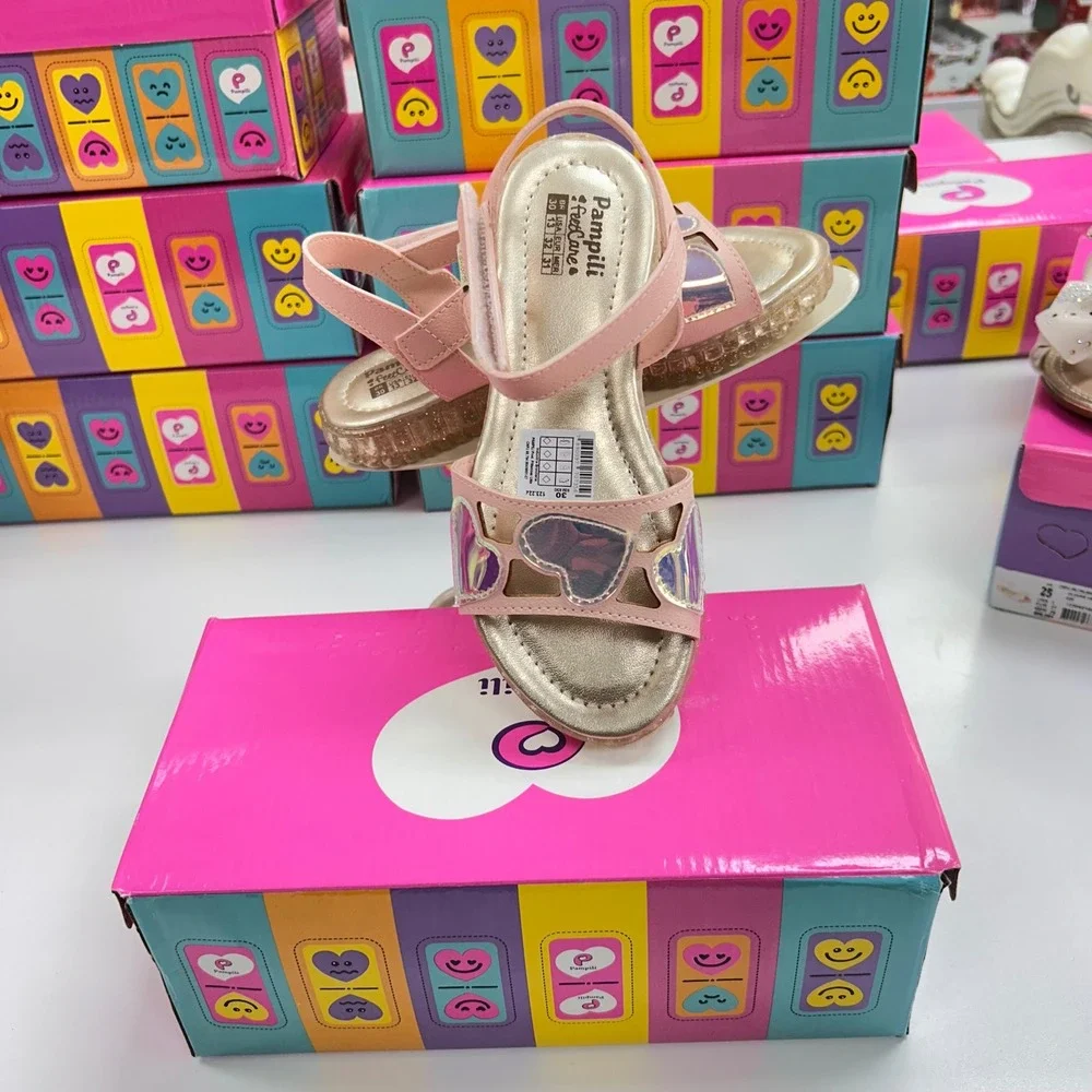 Pampili FeetCare Pink Iridescent Heart Sandals Glitter Sole Kids Size 13 US